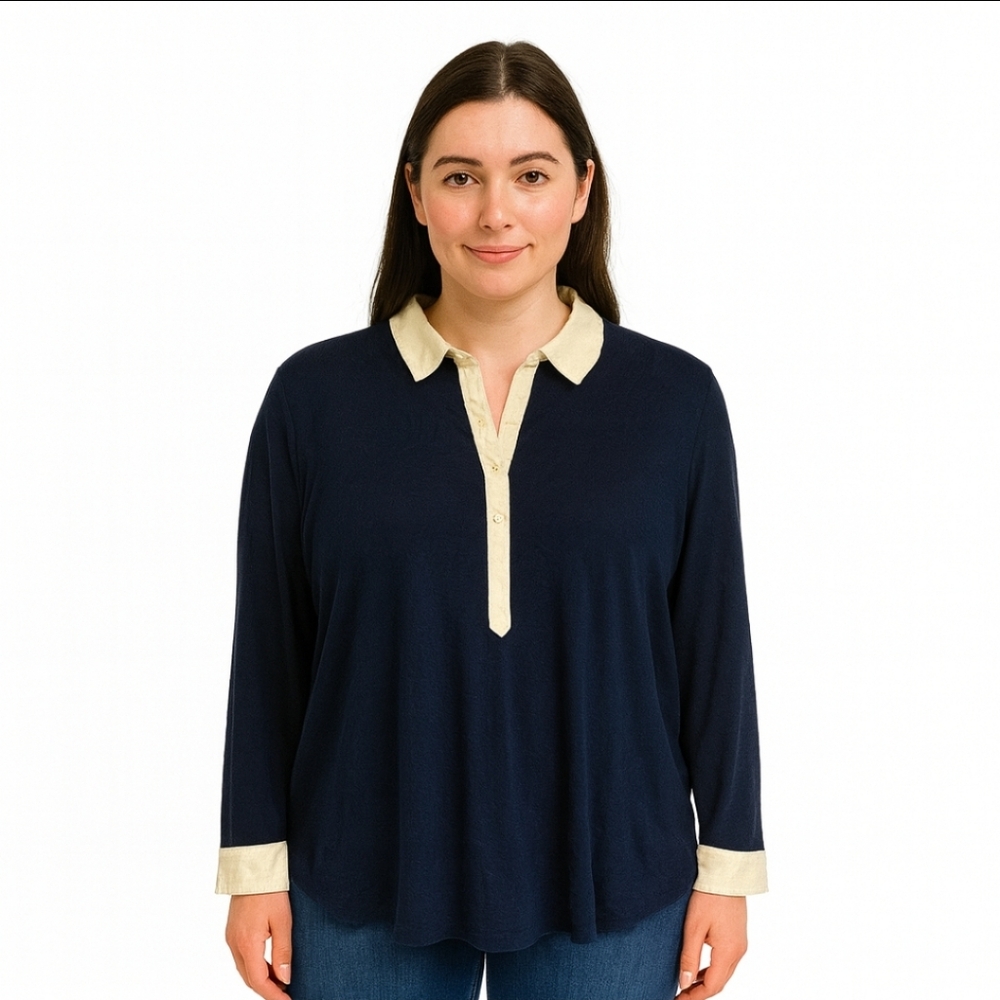 Liz Claiborne Navy Henley Vintage Long Sleeve Tee Plus Sz 1X